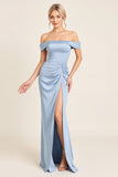 Dusty Blue Off the Shoulder Maxi Satin Bridesmaid Dress with Slit