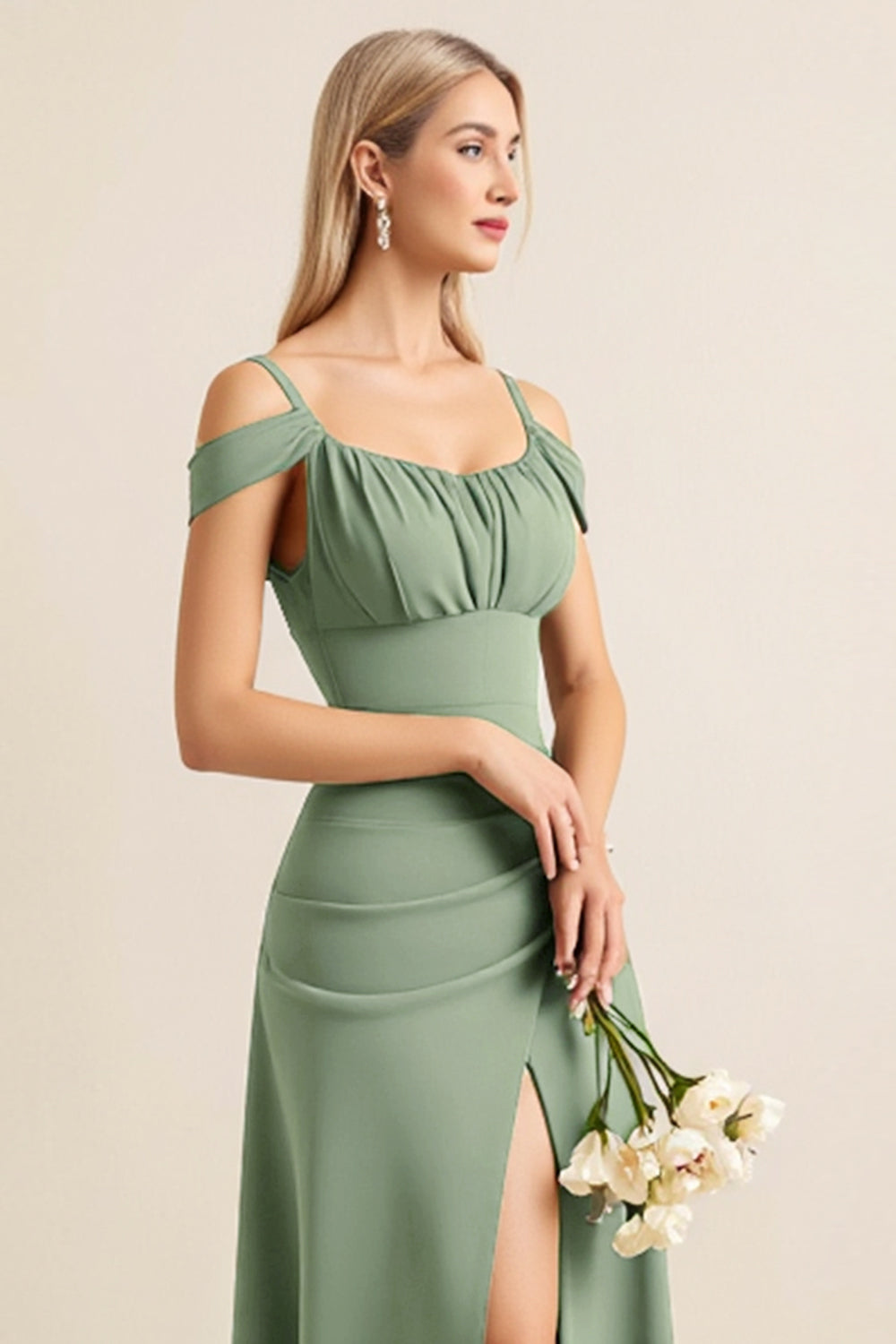 Eucalyptus Sheath Satin Cold Shoulder Maxi Bridesmaid Dress with Slit