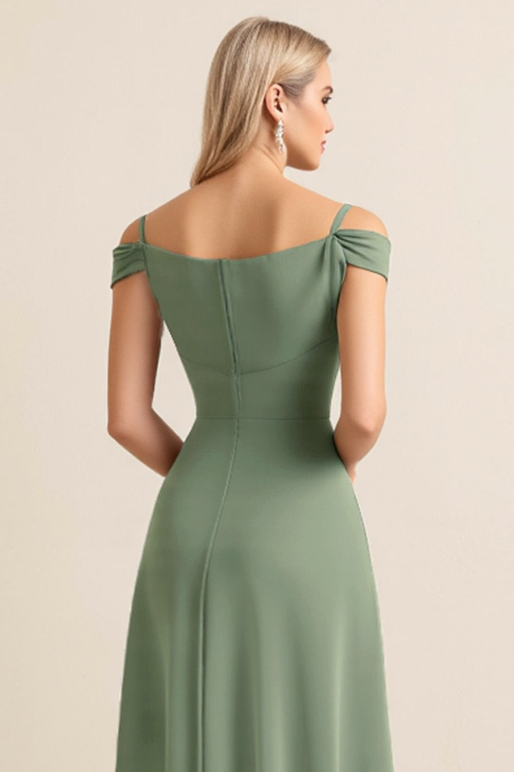 Eucalyptus Sheath Satin Cold Shoulder Maxi Bridesmaid Dress with Slit