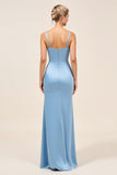 Square Neck Dusty Blue Sheath Satin Ruched Long Bridesmaid Dress with Slit
