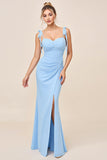 Sky Blue Spaghetti Straps Maxi Mermaid Bridesmaid Dress with Slit