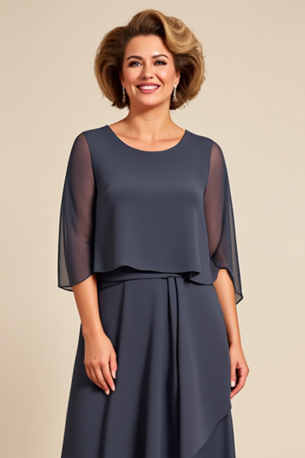 Steel Grey A Line Chiffon Tea Length Mother of the Bride Dress