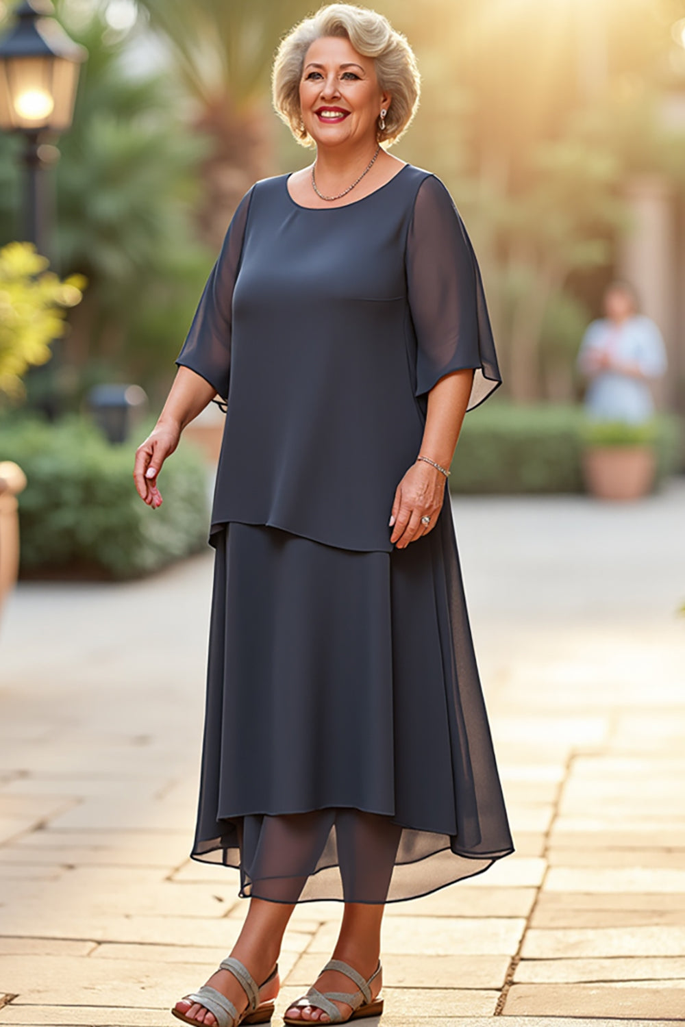 Steel Grey Scoop Neck A Line Long Mother of the Bride Dress