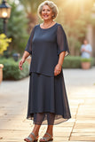 Steel Grey Scoop Neck A Line Long Mother of the Bride Dress