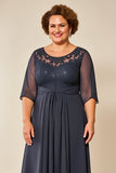 Steel Grey Chiffon Illusion Boat Neck Mother of the Bride Dress with Appliques
