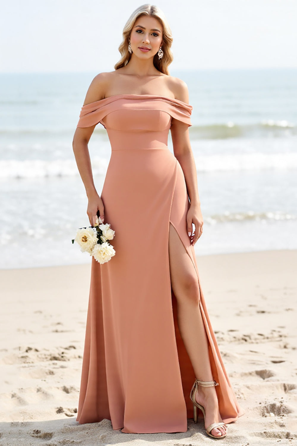 Sunset A Line Off the Shoulder Maxi Bridesmaid Dress with Slit