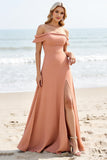 Sunset A Line Off the Shoulder Maxi Bridesmaid Dress with Slit