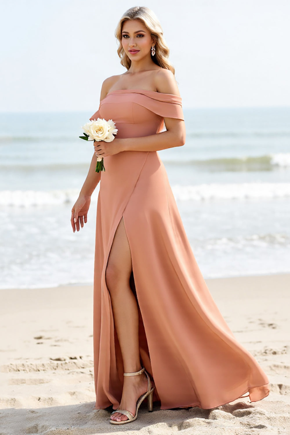 Sunset A Line Off the Shoulder Maxi Bridesmaid Dress with Slit