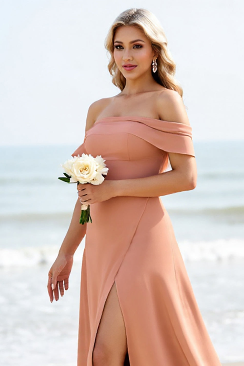 Sunset A Line Off the Shoulder Maxi Bridesmaid Dress with Slit