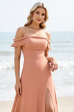 Sunset A Line Off the Shoulder Maxi Bridesmaid Dress with Slit