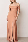 Sunset Off the Shoulder Sheath Maxi Bridesmaid Dress with Slit
