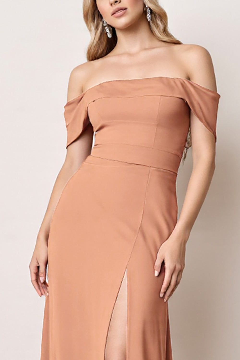 Sunset Off the Shoulder Sheath Maxi Bridesmaid Dress with Slit
