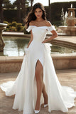 A Line Ivory Sweep Train Ruffled Wedding Dress with Slit