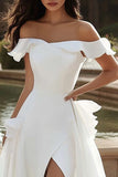 A Line Ivory Sweep Train Ruffled Wedding Dress with Slit