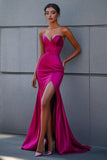 Fuchsia Sweetheart Mermaid Maxi Satin Prom Dress with Slit
