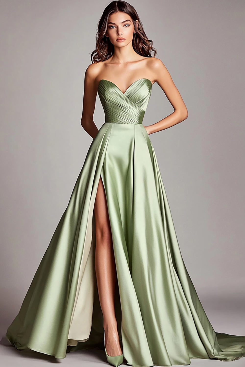 A Line Dusty Sage Sweetheart Strapless Maxi Prom Dress with Slit