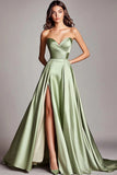 A Line Dusty Sage Sweetheart Strapless Maxi Prom Dress with Slit