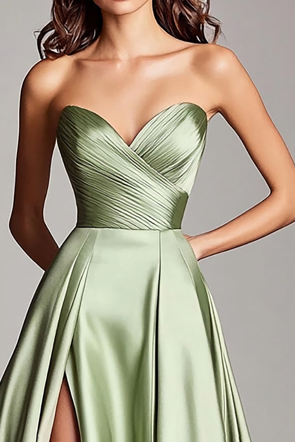 A Line Dusty Sage Sweetheart Strapless Maxi Prom Dress with Slit
