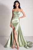 Sweetheart Dusty Sage Mermaid Maxi Satin Prom Dress with Slit