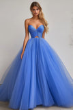 Blue Ball Gown Tulle Strapless Pleated A Line Maxi Prom Dress