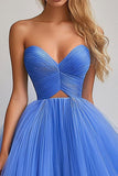 Blue Ball Gown Tulle Strapless Pleated A Line Maxi Prom Dress