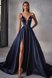 Navy A Line Satin V-Neck Spaghetti Straps Maxi Prom Dress with Slit