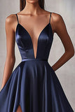 Navy A Line Satin V-Neck Spaghetti Straps Maxi Prom Dress with Slit