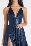 Sparkly Navy A Line Sequined V-Neck Maxi Prom Dress with Slit