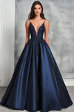 Navy Ball Gown Satin V-Neck Appliqued A Line Maxi Prom Dress