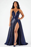 Sparkly Navy A Line Sequined V-Neck Maxi Prom Dress with Slit