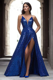 Sparkly Royal Blue A Line Sequined Maxi Prom Dress with Slit