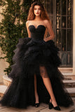 Sweetheart Black A Line Tulle High-Low Prom Dress with Ruffles