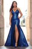 Sparkly Royal Blue V Neck Sequined Mermaid Long Prom Dress with Slit