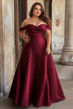 Burgundy A Line Ruched Satin Plus Size Maxi Prom Dress