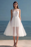White Tulle Midi Pleated A Line Rehearsal Dinner Dress