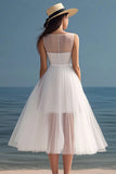 White Tulle Midi Pleated A Line Rehearsal Dinner Dress