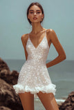 Sparkly White Sequined Bodycon Mini V-Neck Graduation Dress with Ruffles
