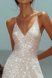 Sparkly White Sequined Bodycon Mini V-Neck Graduation Dress with Ruffles