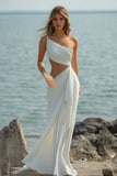 White Chiffon Sheath Cut-Out Maxi Rehearsal Dinner Dress