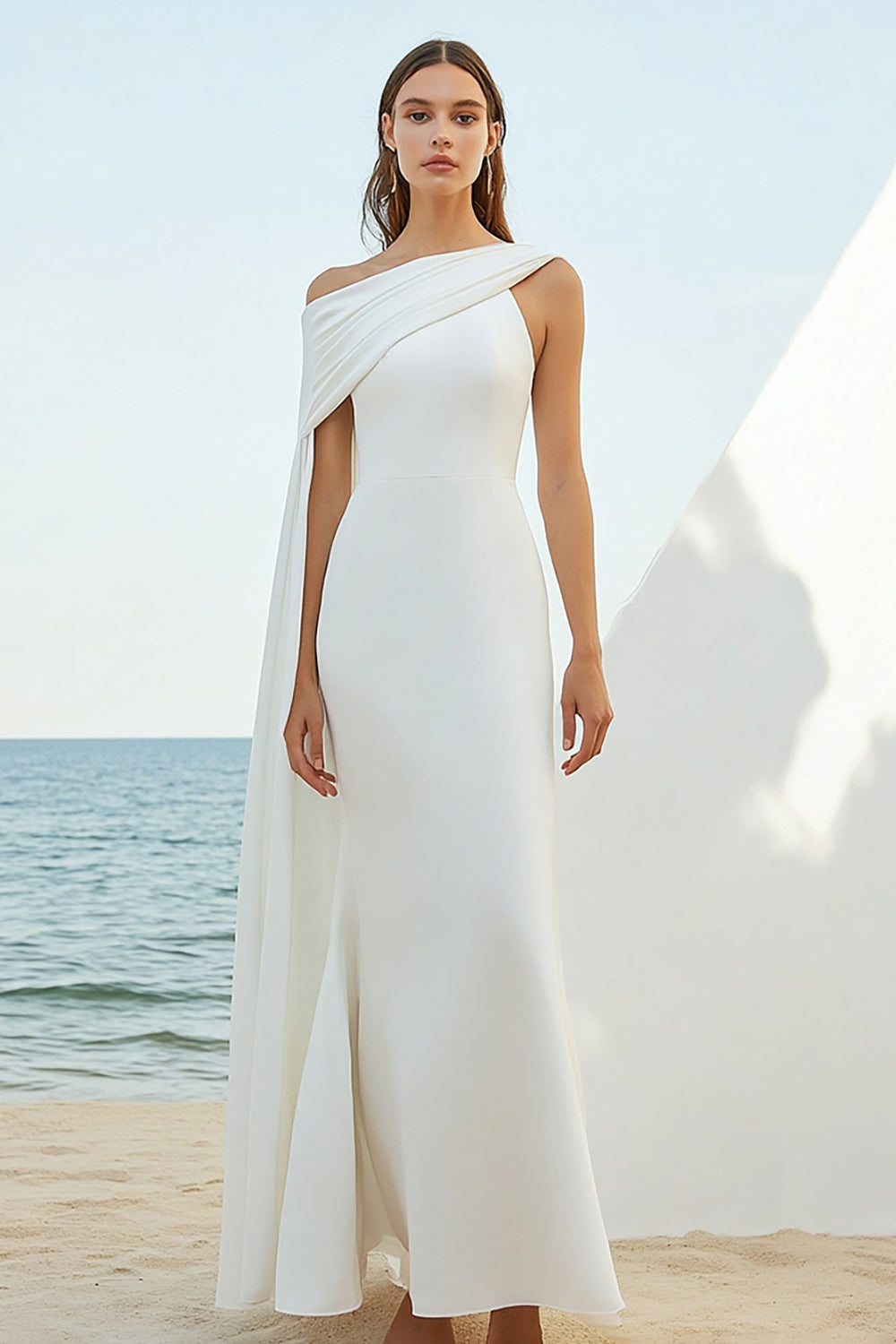 White Chiffon Sheath Maxi Rehearsal Dinner Dress with Cape