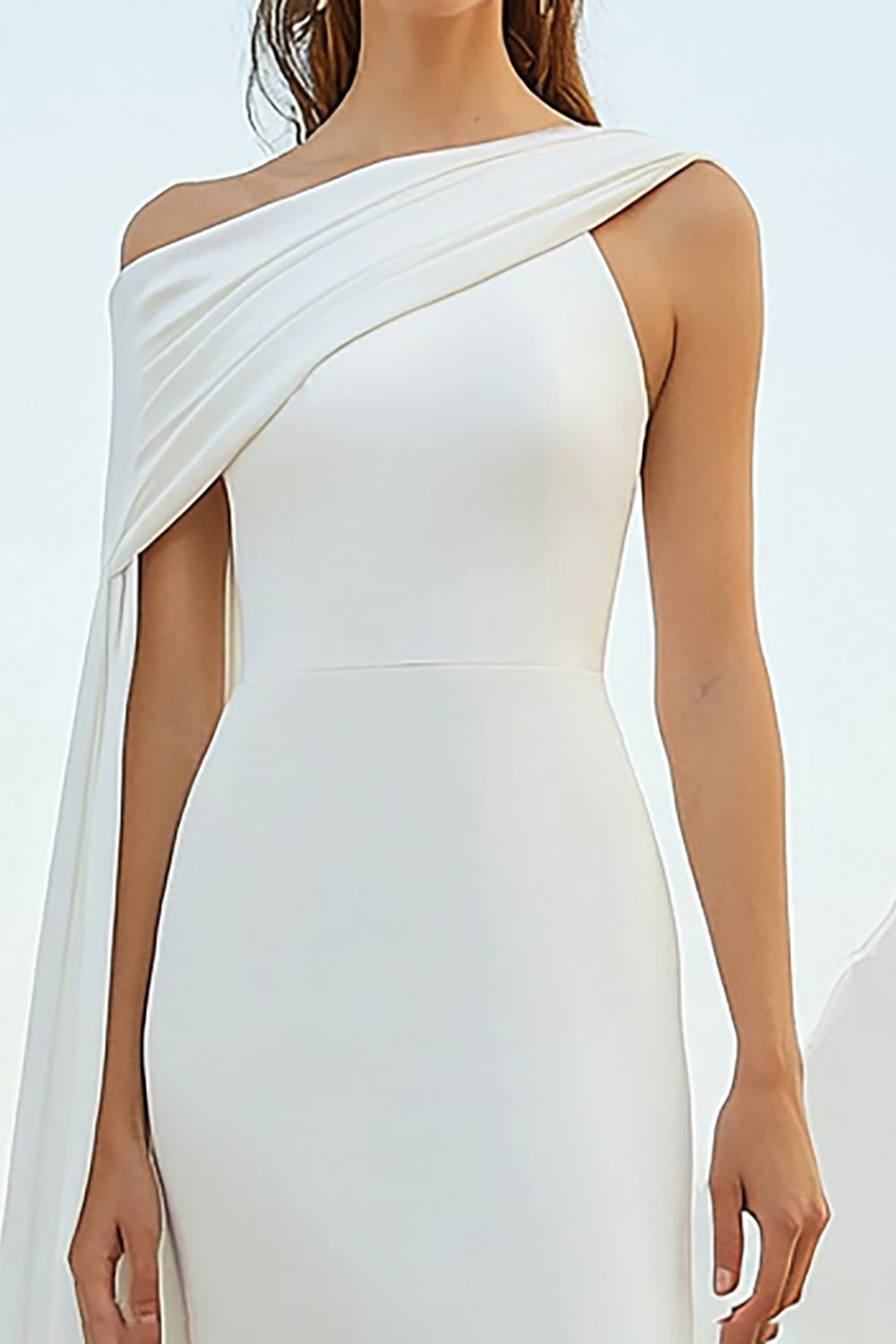 White Chiffon Sheath Maxi Rehearsal Dinner Dress with Cape