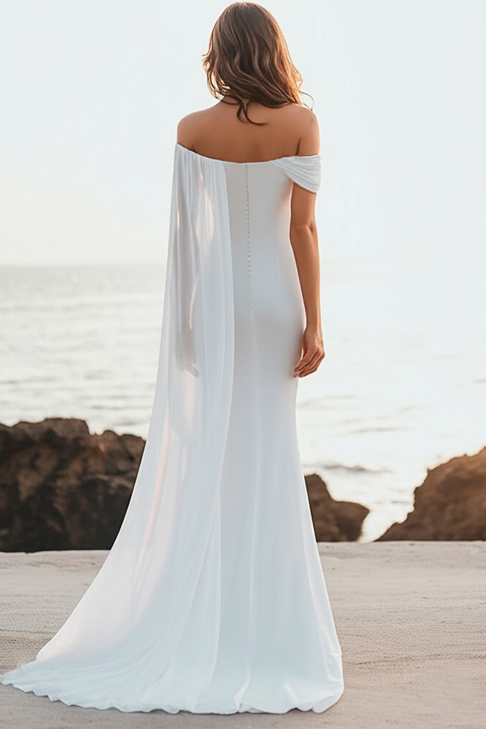 White Chiffon Mermaid Maxi Rehearsal Dinner Dress with Side Cape
