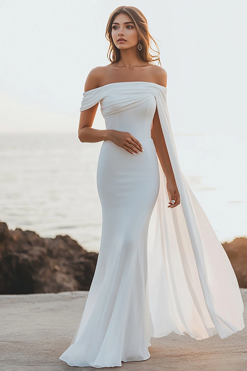 White Chiffon Mermaid Maxi Rehearsal Dinner Dress with Side Cape