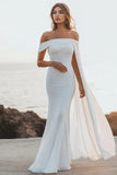 White Chiffon Mermaid Maxi Rehearsal Dinner Dress with Side Cape