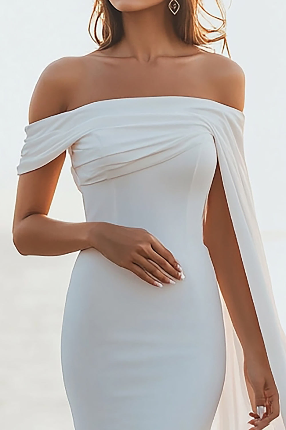 White Chiffon Mermaid Maxi Rehearsal Dinner Dress with Side Cape