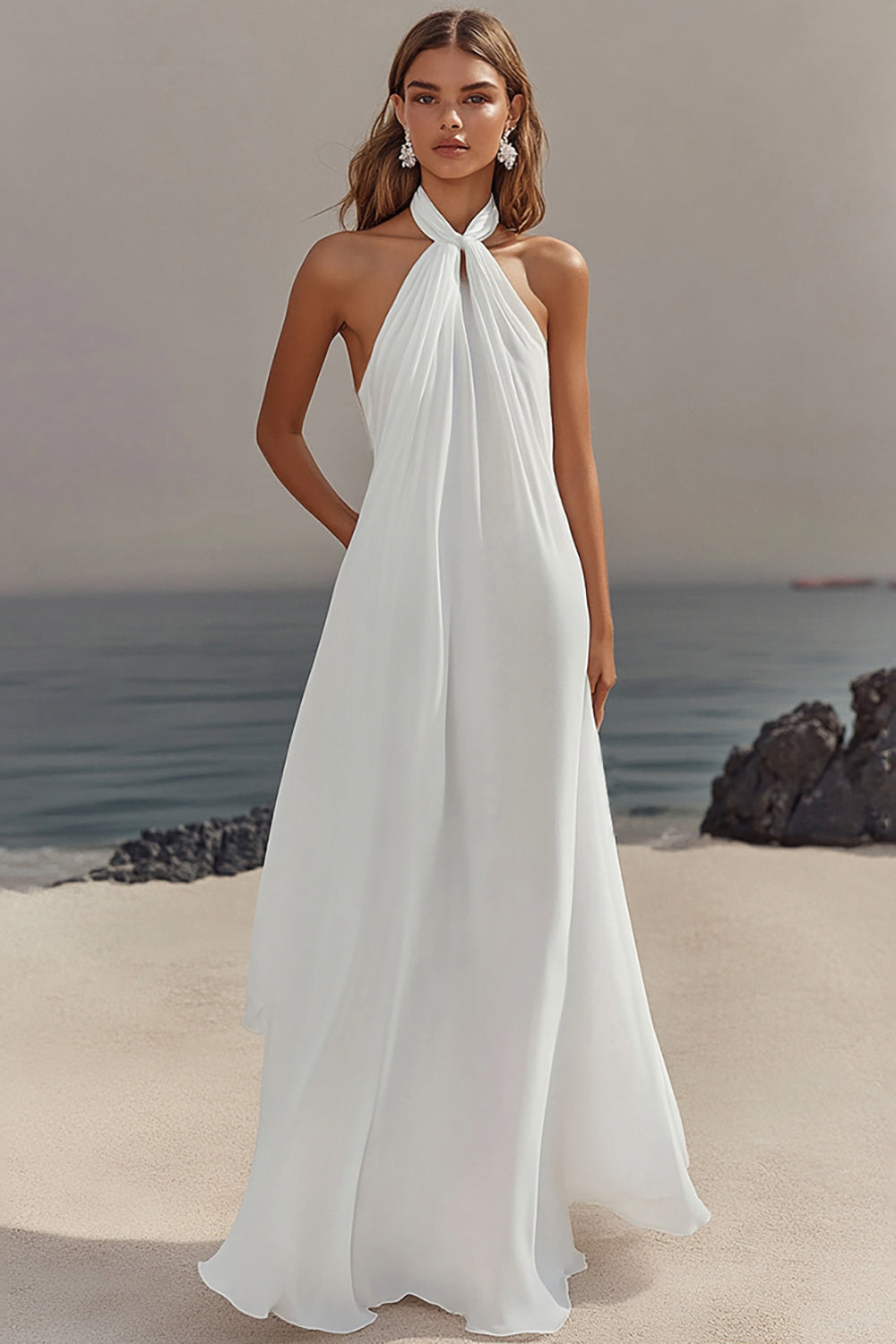 White Chiffon A Line Halter Maxi Rehearsal Dinner Dress
