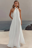 White Chiffon A Line Halter Maxi Rehearsal Dinner Dress
