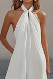 White Chiffon A Line Halter Maxi Rehearsal Dinner Dress