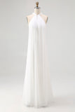 White Chiffon A Line Halter Maxi Rehearsal Dinner Dress
