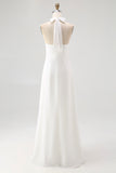 White Chiffon A Line Halter Maxi Rehearsal Dinner Dress
